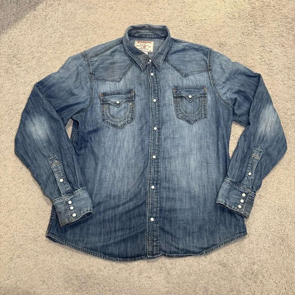 True Religion Jake Denim‎ Western Shirt Mens Blue Pearl Snap LS 3XL (Fits XL)